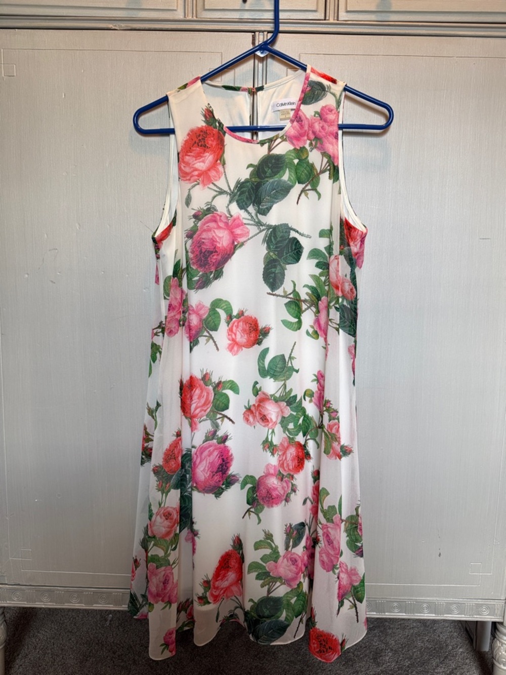 Calvin Klein White Floral Shift Dress with Pink Roses